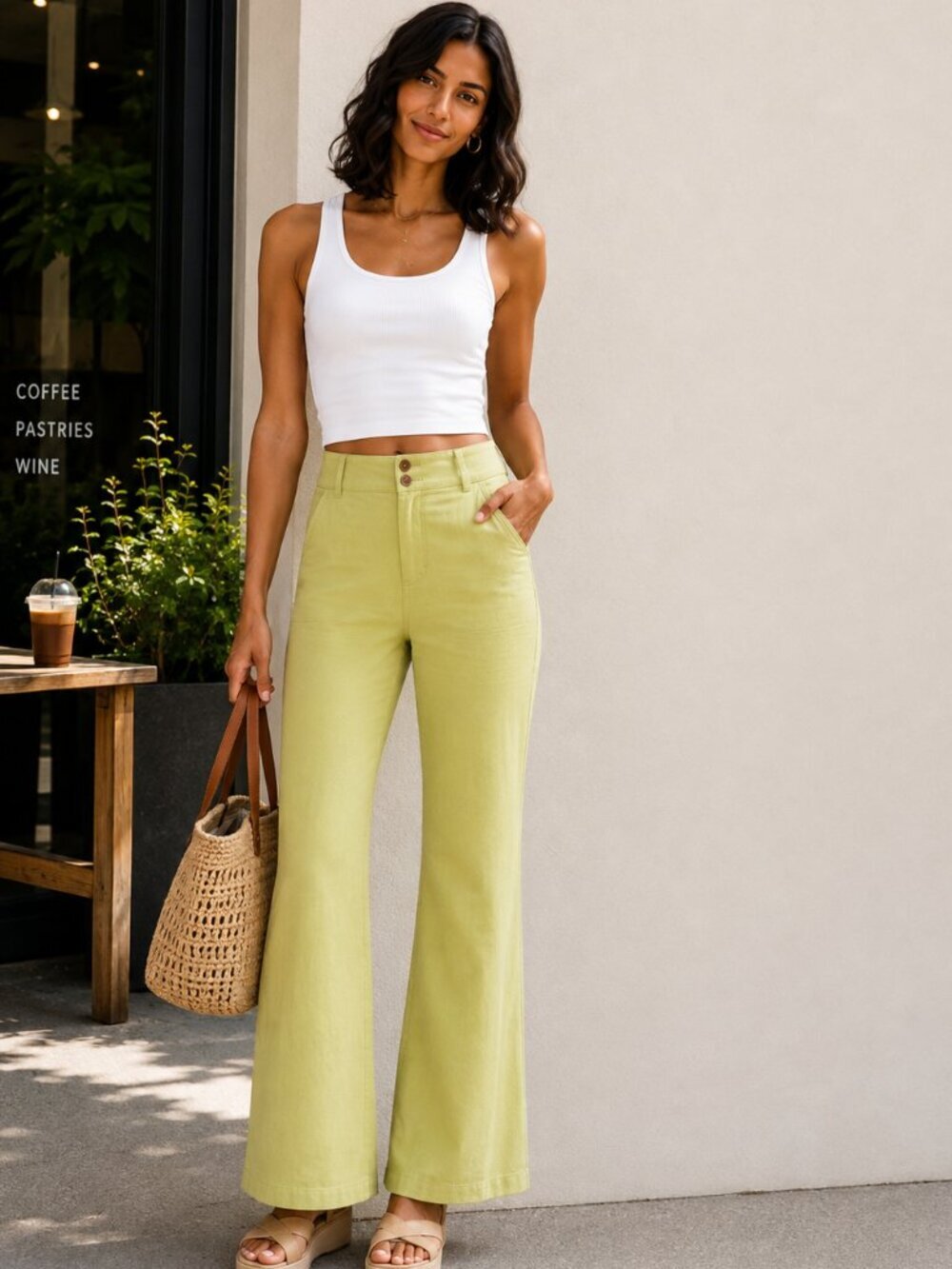 Maeve Anthropologie Colette Chartreuse Linen Blend High Rise Wide Leg Pants Sz 0